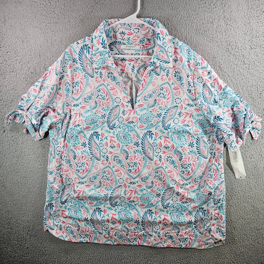 Foxcroft NYC Womens 20W Relaxed Wrinkle Free Paisley Cotton Top Pink Blue New